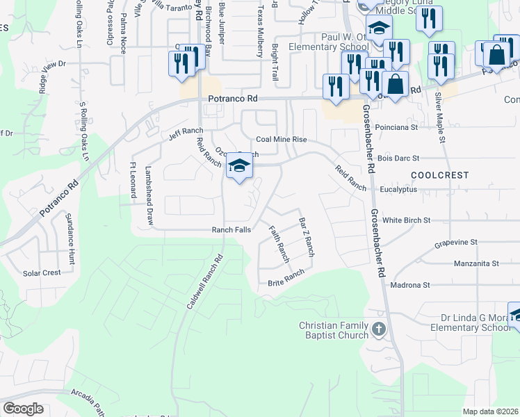 map of restaurants, bars, coffee shops, grocery stores, and more near 12623 Fiesta Ranch in San Antonio