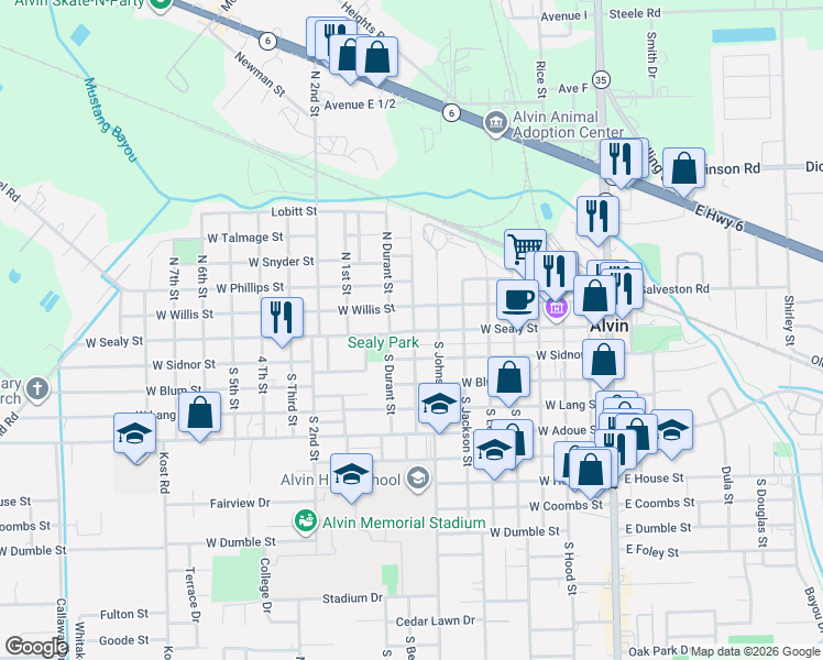 map of restaurants, bars, coffee shops, grocery stores, and more near 814 West Sealy Street in Alvin