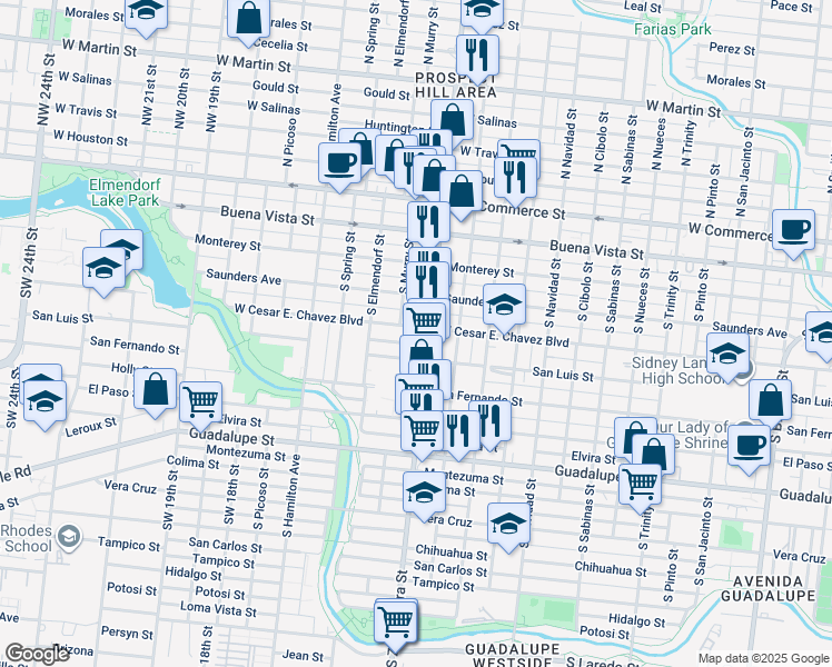 map of restaurants, bars, coffee shops, grocery stores, and more near 425s South Zarzamora Street in San Antonio