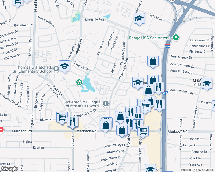 map of restaurants, bars, coffee shops, grocery stores, and more near 8726 Atwater Creek in San Antonio