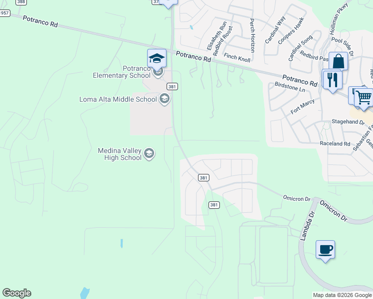 map of restaurants, bars, coffee shops, grocery stores, and more near 277 Hunters Ranch E in San Antonio