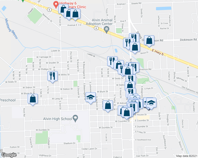 map of restaurants, bars, coffee shops, grocery stores, and more near 613 West Sealy Street in Alvin