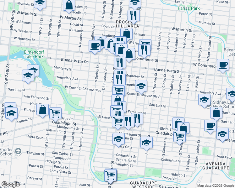 map of restaurants, bars, coffee shops, grocery stores, and more near 425s South Zarzamora Street in San Antonio