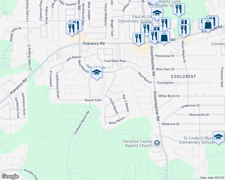 map of restaurants, bars, coffee shops, grocery stores, and more near 12623 Fiesta Ranch in San Antonio