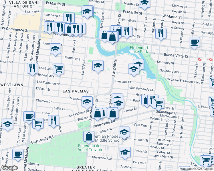 map of restaurants, bars, coffee shops, grocery stores, and more near 3719 San Fernando St in San Antonio