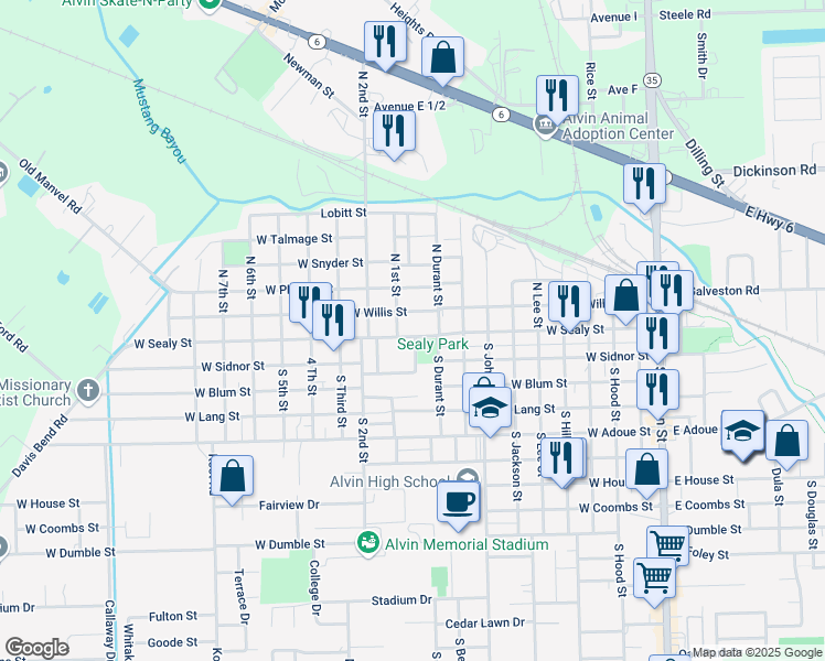 map of restaurants, bars, coffee shops, grocery stores, and more near 117 North Durant Street in Alvin