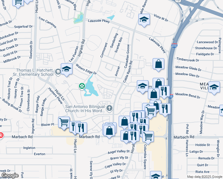 map of restaurants, bars, coffee shops, grocery stores, and more near 8726 Atwater Creek in San Antonio