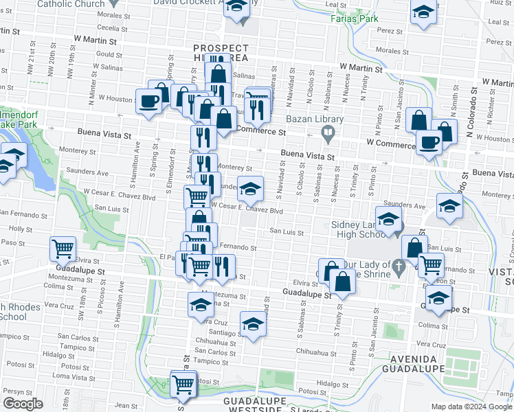 map of restaurants, bars, coffee shops, grocery stores, and more near 2401 West César E Chávez Boulevard in San Antonio