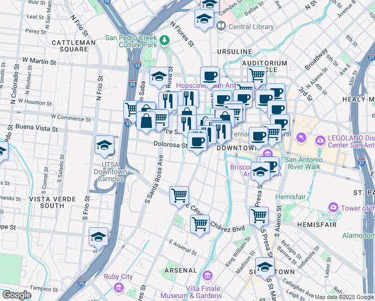 map of restaurants, bars, coffee shops, grocery stores, and more near 506 Dolorosa Street in San Antonio