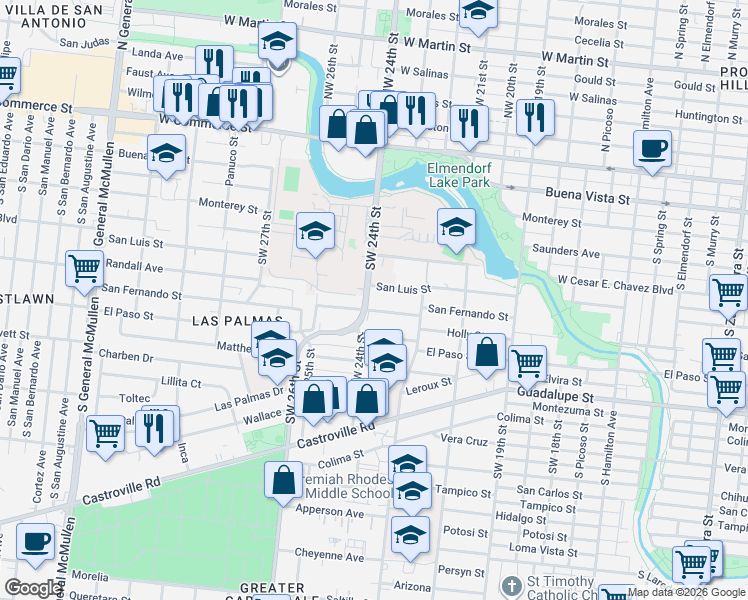 map of restaurants, bars, coffee shops, grocery stores, and more near 3642 San Luis Street in San Antonio