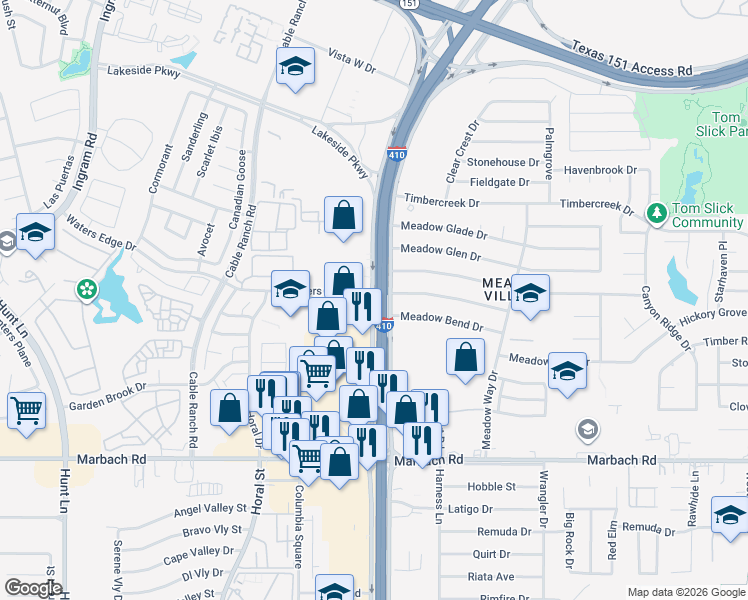 map of restaurants, bars, coffee shops, grocery stores, and more near 4108 Waters Edge Drive in San Antonio