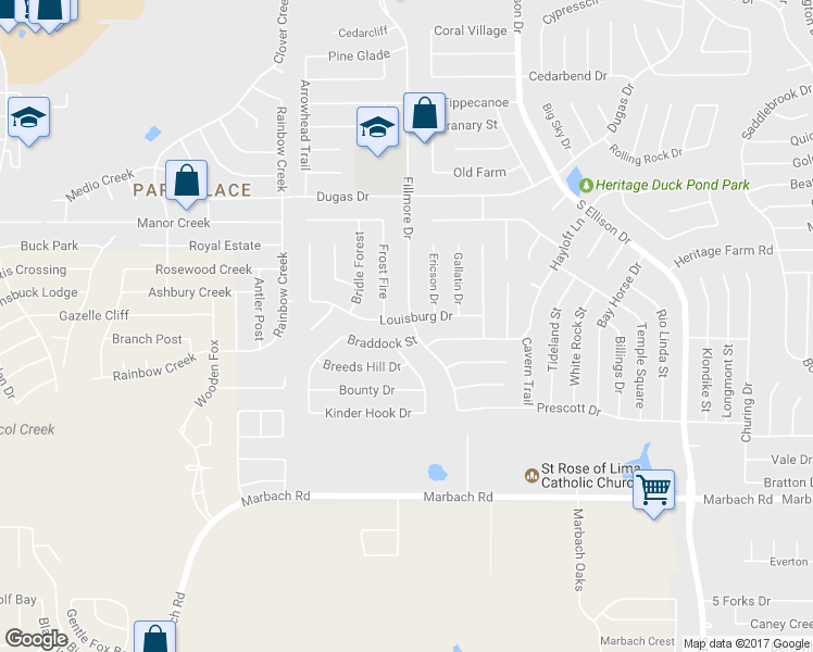 map of restaurants, bars, coffee shops, grocery stores, and more near 10502 Louisburg Drive in San Antonio