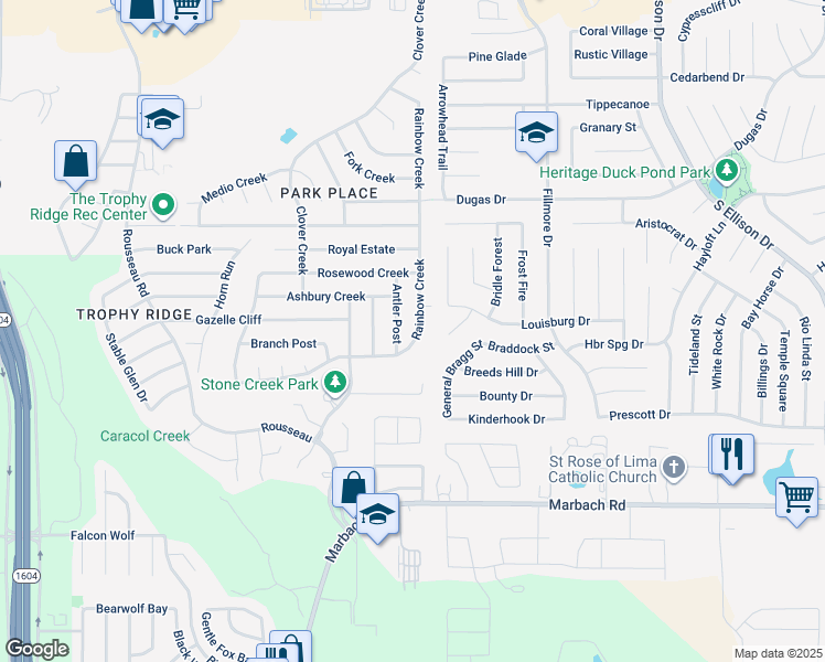 map of restaurants, bars, coffee shops, grocery stores, and more near 9519 Rainbow Creek in San Antonio