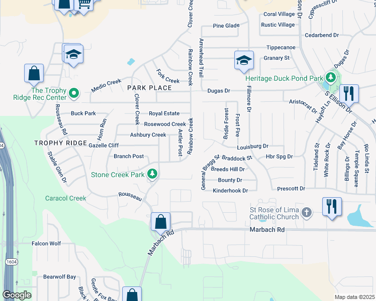 map of restaurants, bars, coffee shops, grocery stores, and more near 9519 Rainbow Creek in San Antonio