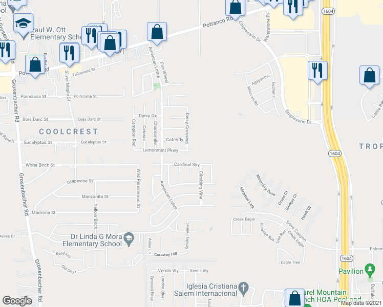 map of restaurants, bars, coffee shops, grocery stores, and more near 11514 Lemonmint Parkway in San Antonio