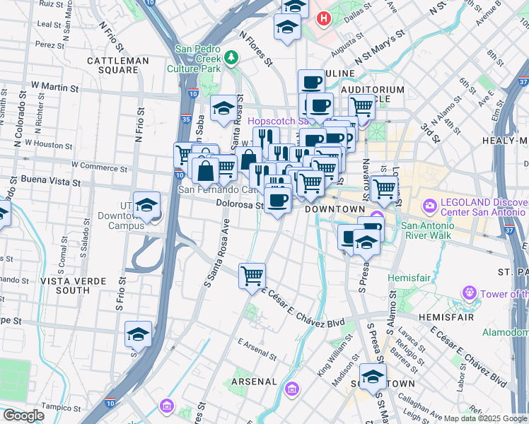 map of restaurants, bars, coffee shops, grocery stores, and more near 506 Dolorosa in San Antonio