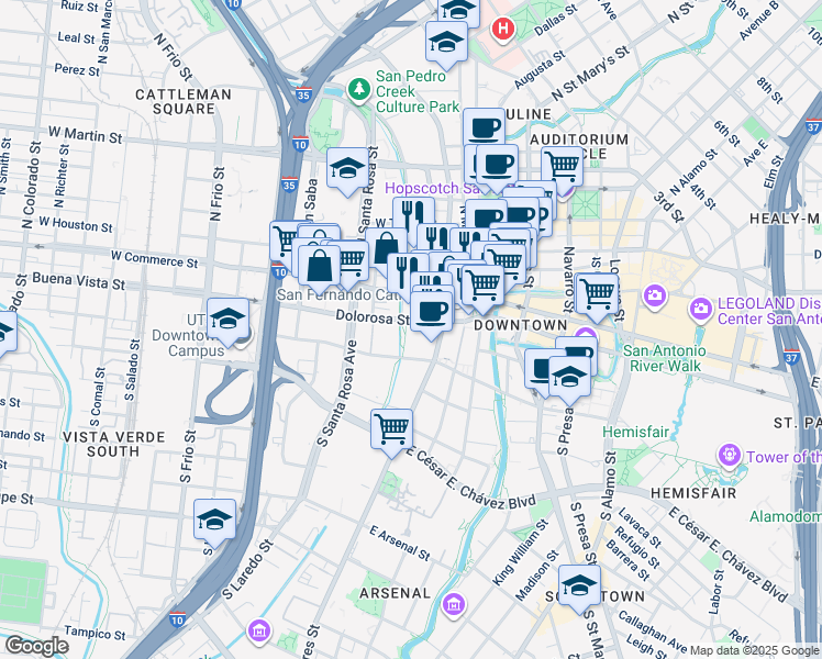 map of restaurants, bars, coffee shops, grocery stores, and more near 506 Dolorosa Street in San Antonio