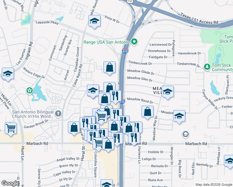 map of restaurants, bars, coffee shops, grocery stores, and more near 4108 Waters Edge Drive in San Antonio