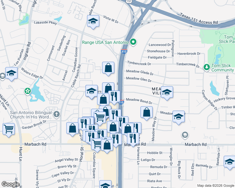 map of restaurants, bars, coffee shops, grocery stores, and more near 1305 Southwest Loop 410 in San Antonio