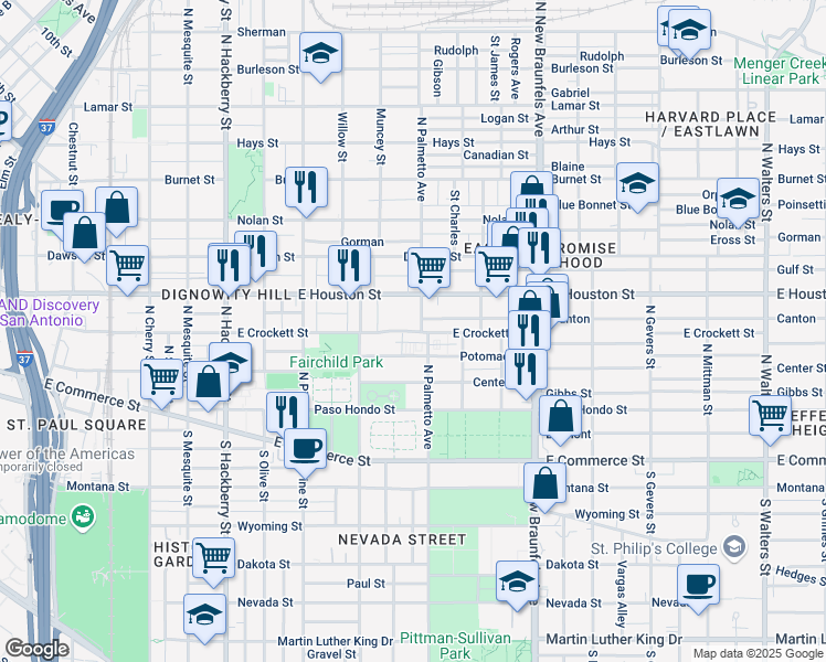 map of restaurants, bars, coffee shops, grocery stores, and more near 1340 East Crockett Street in San Antonio
