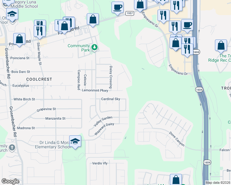 map of restaurants, bars, coffee shops, grocery stores, and more near 11514 Lemonmint Parkway in San Antonio