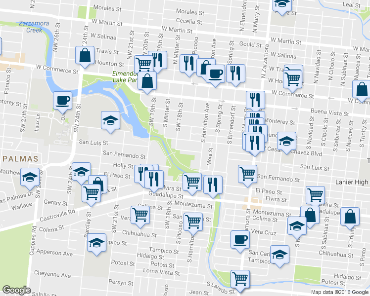 map of restaurants, bars, coffee shops, grocery stores, and more near 3007 San Luis in San Antonio
