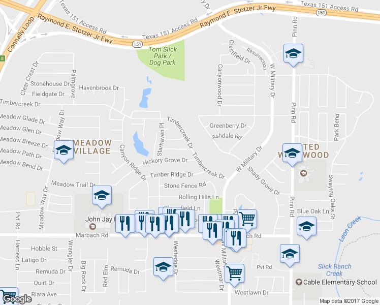map of restaurants, bars, coffee shops, grocery stores, and more near 7102 Cypress Grove Drive in San Antonio