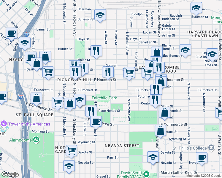map of restaurants, bars, coffee shops, grocery stores, and more near 1311 East Crockett Street in San Antonio