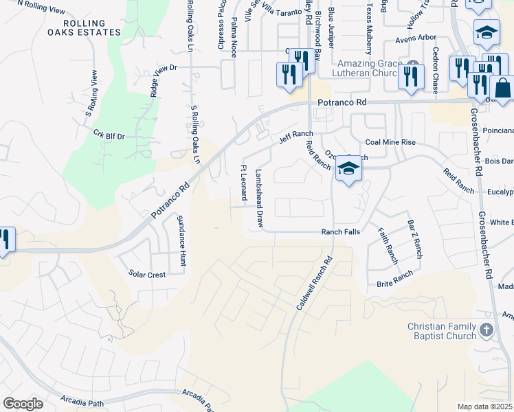 map of restaurants, bars, coffee shops, grocery stores, and more near 12952 Waggoner Ranch in San Antonio