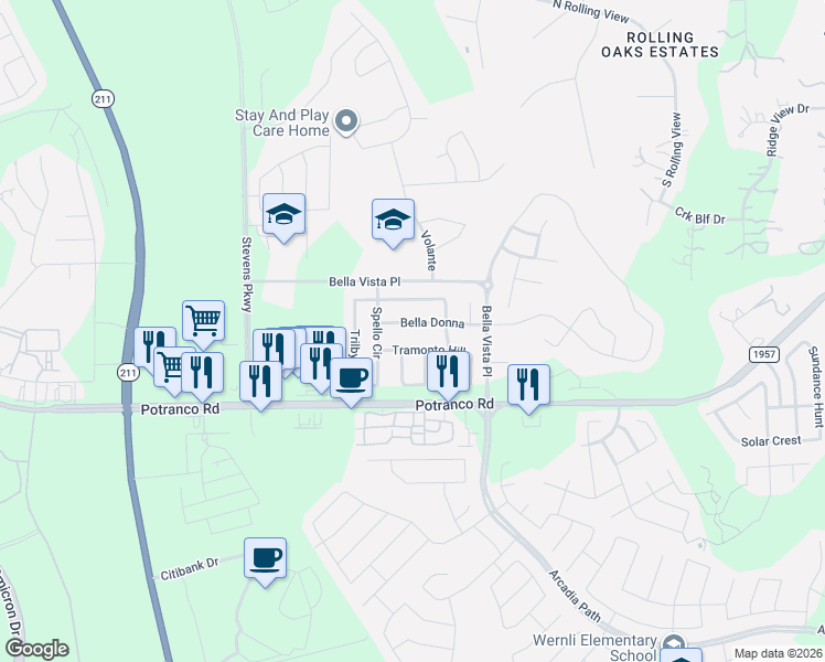 map of restaurants, bars, coffee shops, grocery stores, and more near 14014 Bella Donna in San Antonio