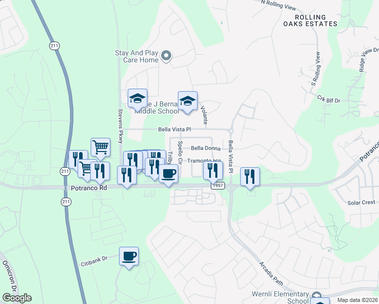map of restaurants, bars, coffee shops, grocery stores, and more near 14014 Bella Donna in San Antonio