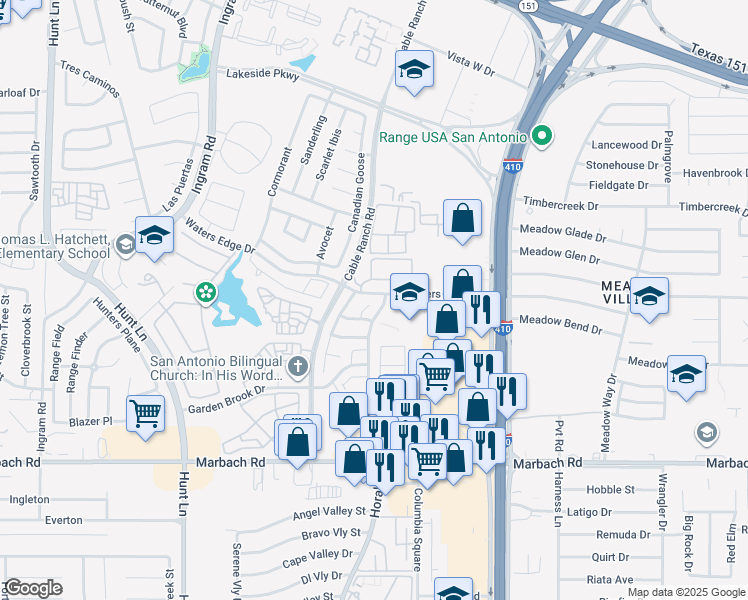 map of restaurants, bars, coffee shops, grocery stores, and more near 1103 Moon Light in San Antonio