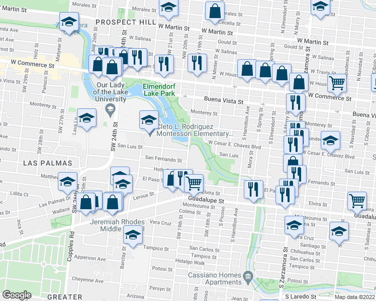 map of restaurants, bars, coffee shops, grocery stores, and more near 2465 San Luis Street in San Antonio