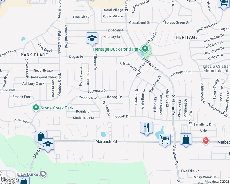 map of restaurants, bars, coffee shops, grocery stores, and more near 10406 Louisburg Drive in San Antonio