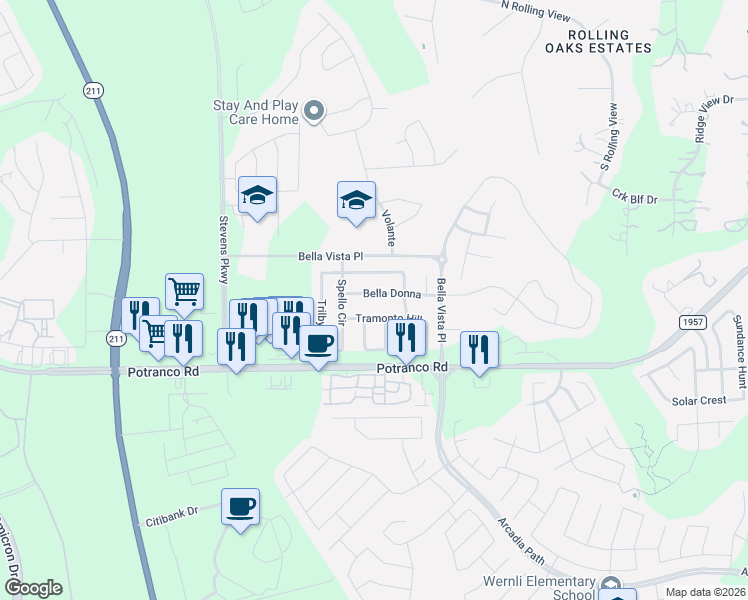 map of restaurants, bars, coffee shops, grocery stores, and more near 14014 Bella Donna in San Antonio