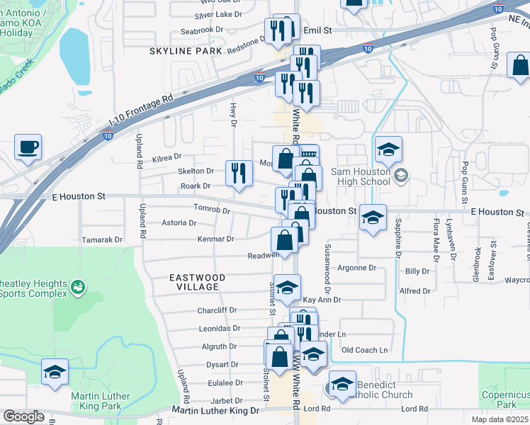 map of restaurants, bars, coffee shops, grocery stores, and more near 119 Tomrob Drive in San Antonio