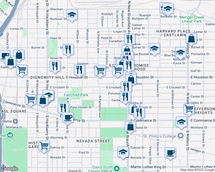 map of restaurants, bars, coffee shops, grocery stores, and more near 1429 East Crockett Street in San Antonio