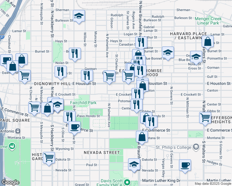 map of restaurants, bars, coffee shops, grocery stores, and more near 1429 East Crockett Street in San Antonio