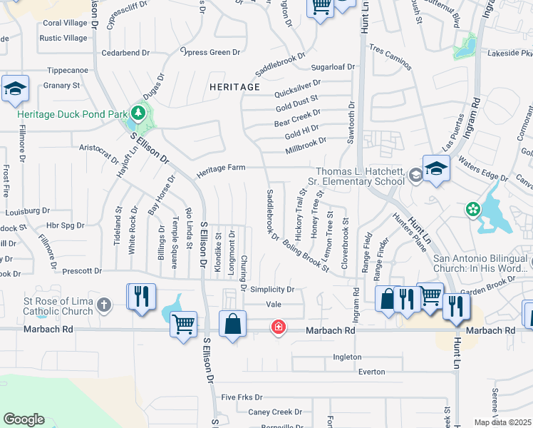 map of restaurants, bars, coffee shops, grocery stores, and more near 911 Saddlebrook Drive in San Antonio