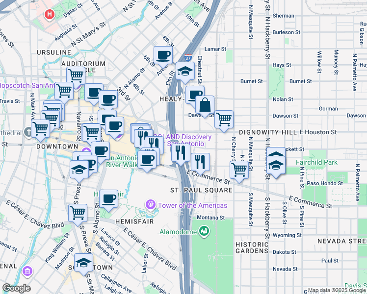 map of restaurants, bars, coffee shops, grocery stores, and more near 508 East Crockett Street in San Antonio