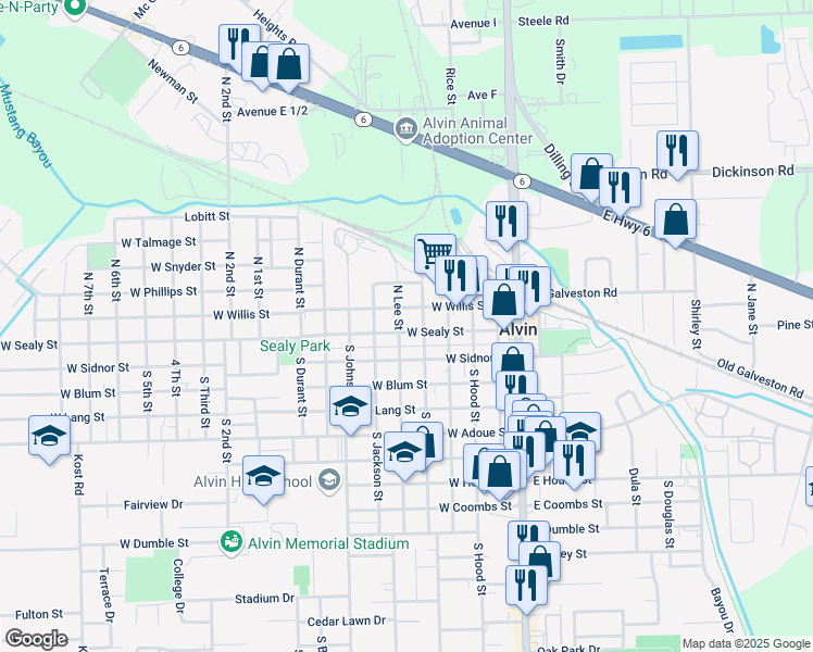 map of restaurants, bars, coffee shops, grocery stores, and more near 516 West Sealy Street in Alvin