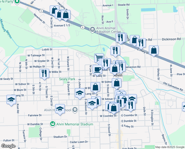 map of restaurants, bars, coffee shops, grocery stores, and more near 516 West Sealy Street in Alvin