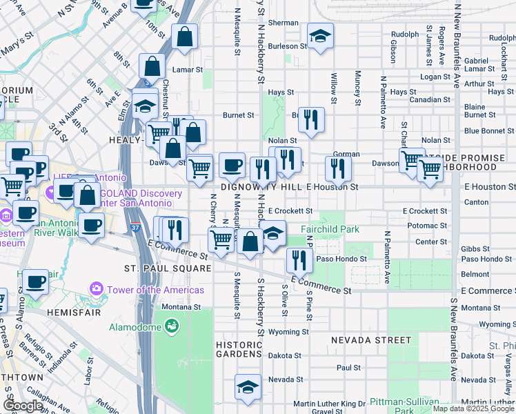 map of restaurants, bars, coffee shops, grocery stores, and more near 929 East Crockett Street in San Antonio