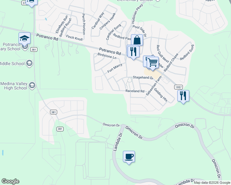 map of restaurants, bars, coffee shops, grocery stores, and more near 726 Raceland Road in San Antonio