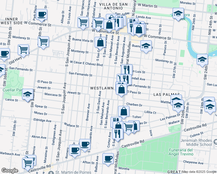map of restaurants, bars, coffee shops, grocery stores, and more near 534 San Manuel Avenue in San Antonio