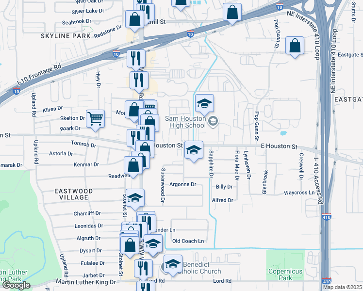 map of restaurants, bars, coffee shops, grocery stores, and more near 4635 East Houston Street in San Antonio