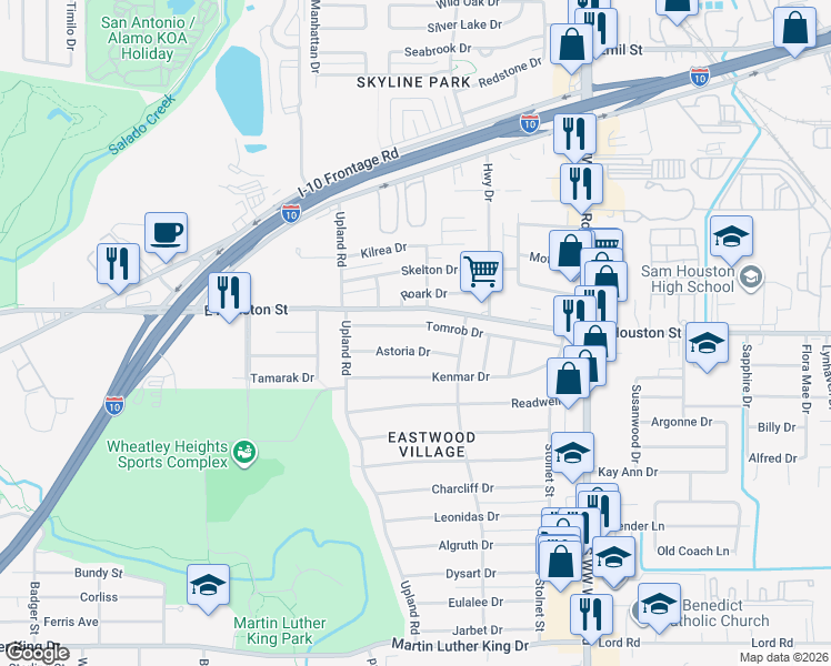 map of restaurants, bars, coffee shops, grocery stores, and more near 330 Tomrob Drive in San Antonio