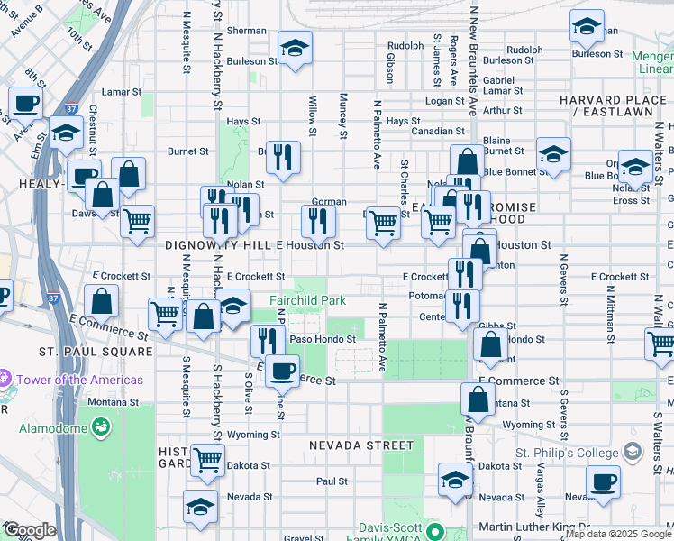 map of restaurants, bars, coffee shops, grocery stores, and more near 1311 East Crockett Street in San Antonio