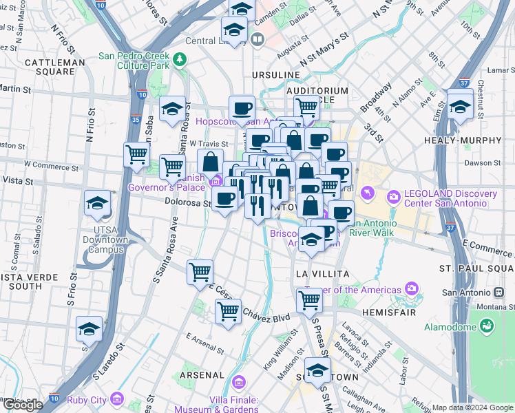 map of restaurants, bars, coffee shops, grocery stores, and more near in San Antonio