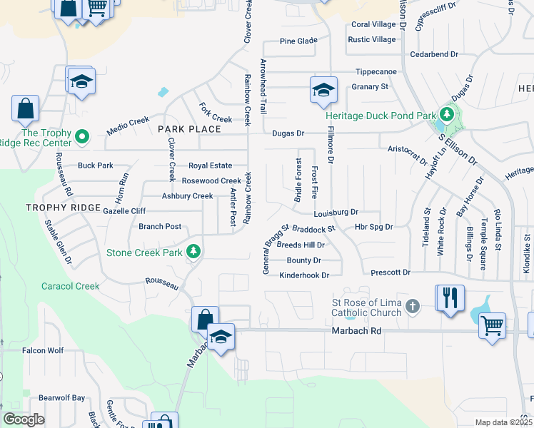 map of restaurants, bars, coffee shops, grocery stores, and more near 1010 Lafferty Oaks in San Antonio